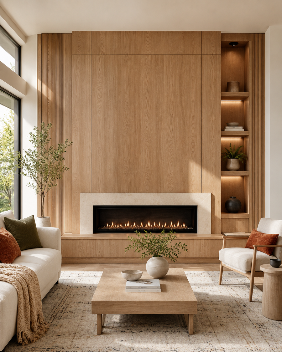 Warm wood veneer custom fireplace wall with natural wood-look cladding, linear fireplace, light furniture, colorful textile accents, and a bright refined interior.