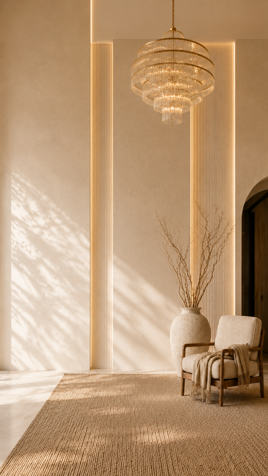 Sunlit ivory living room with a layered plaster feature wall, recessed fluted panels, warm concealed lighting, a sculptural chandelier, oversized floor vase with branches, lounge chair, and dark arched doorway.