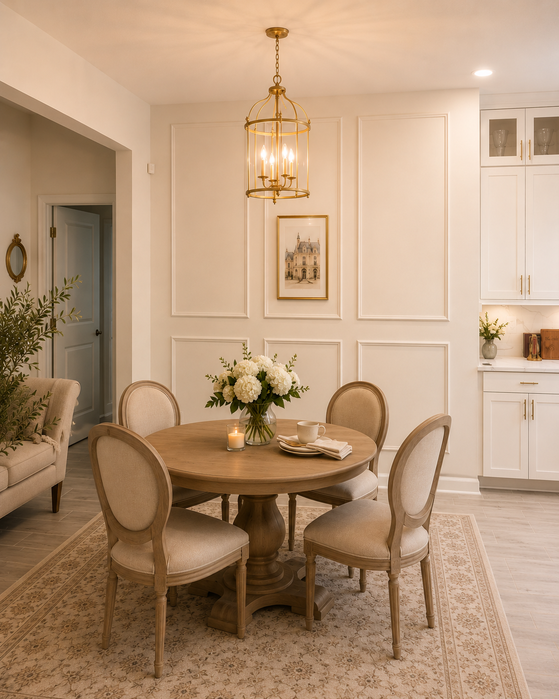 Left-angle view of an Apopka eat-in kitchen with a French-style picture-frame moulding accent wall and warm light painted finish.