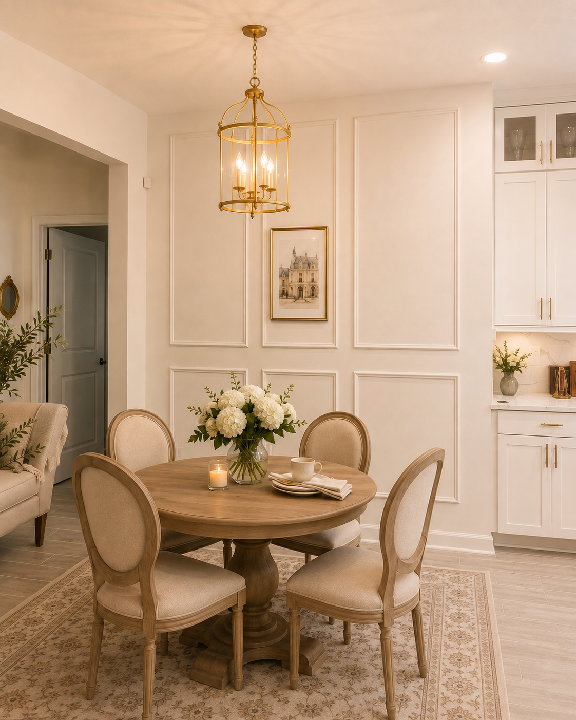 Right-angle view of an Apopka eat-in kitchen accent wall with French-style picture-frame moulding and a warm light painted finish.