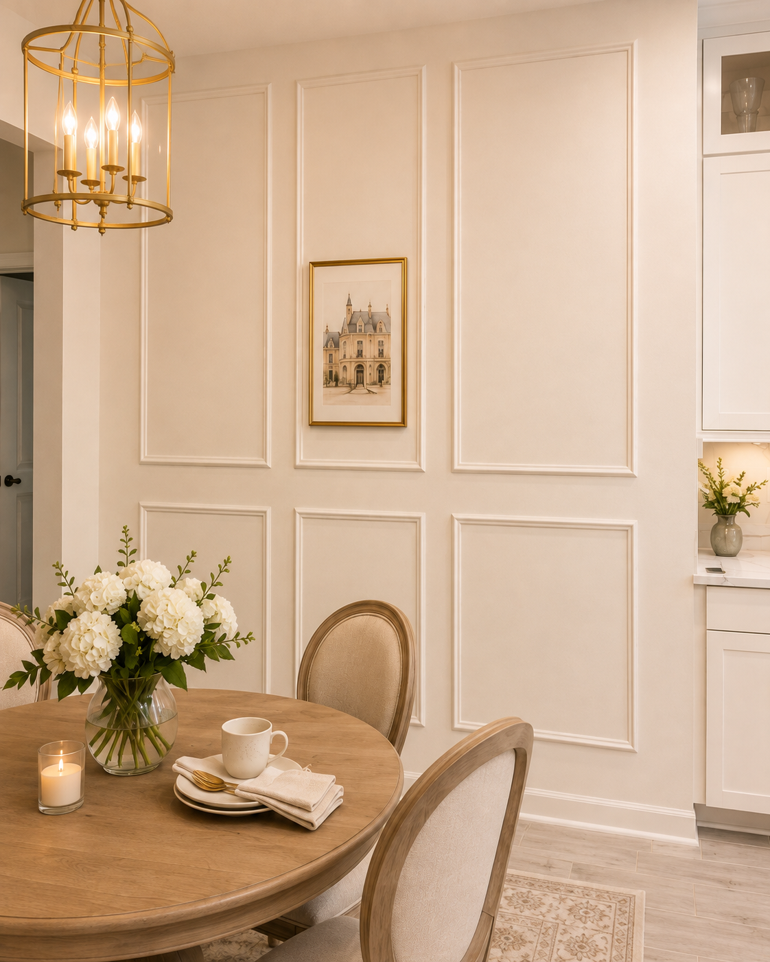 Detail view of French-style picture-frame moulding and the warm light painted finish on an Apopka eat-in kitchen accent wall.