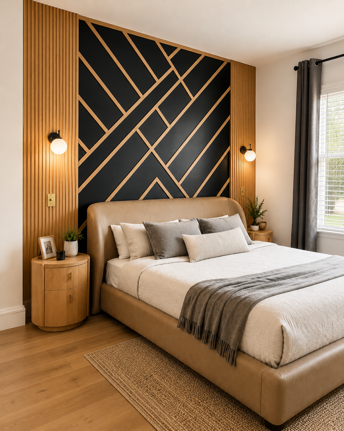 Left angle view of a Winter Park master bedroom accent wall with a black geometric feature wall, wood trim, fluted side panels, and sconces.