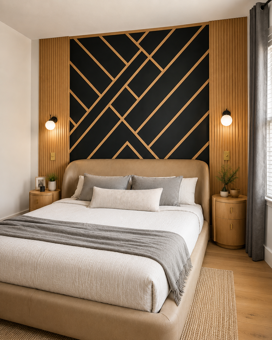 Right angle view of a Winter Park master bedroom accent wall with a geometric black wall design, wood trim, fluted side panels, and sconces.
