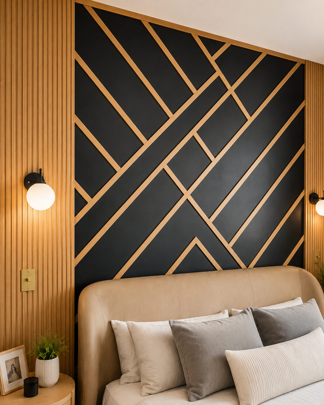 Detail view of the Winter Park master bedroom accent wall showing the geometric wood trim pattern, painted MDF surface, fluted side panel, and wall sconce.