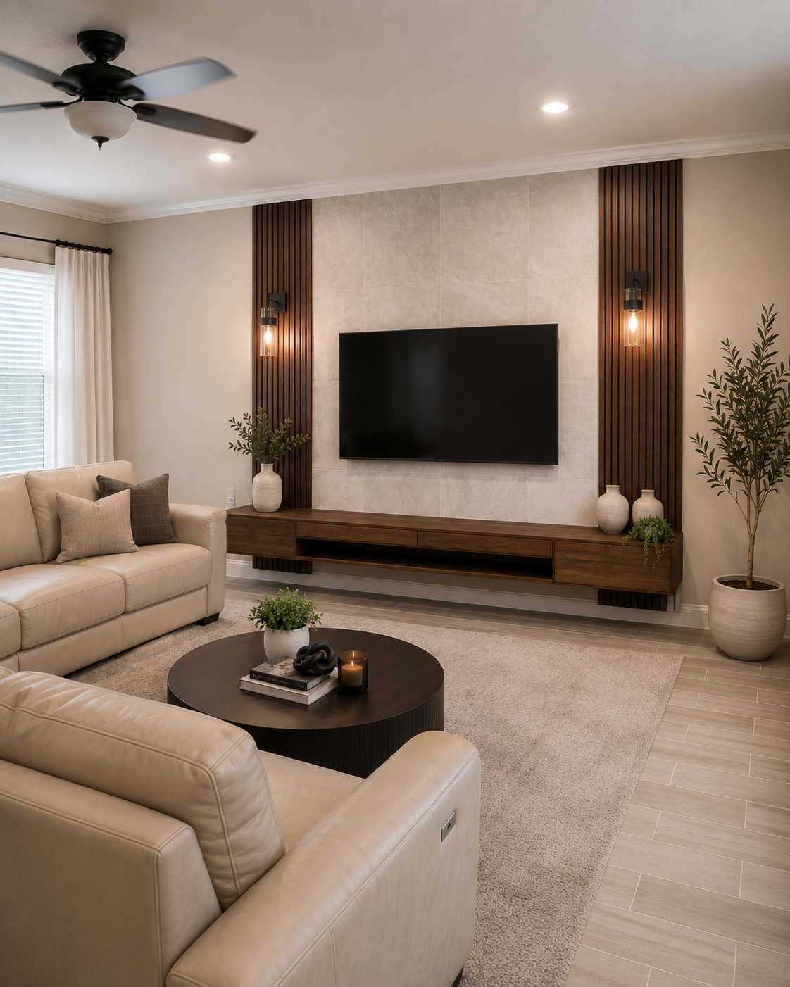 Left angle view of a custom built-in TV wall in an Apopka living room with dark fluted panels, stone-look tile, a mounted TV, and a floating wood console.