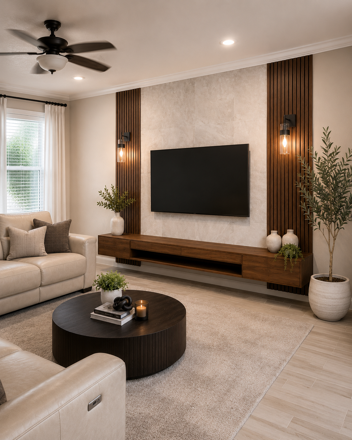 Right angle view of a custom built-in TV wall in an Apopka living room with fluted side panels, tile backing, a floating console, and decorative sconces.