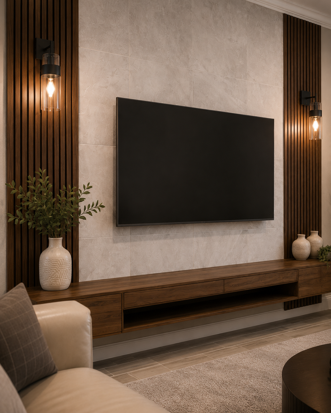 Detail view of a custom built-in TV wall in Apopka showing the mounted television, stone-look tile, fluted side panels, sconces, and floating media console.