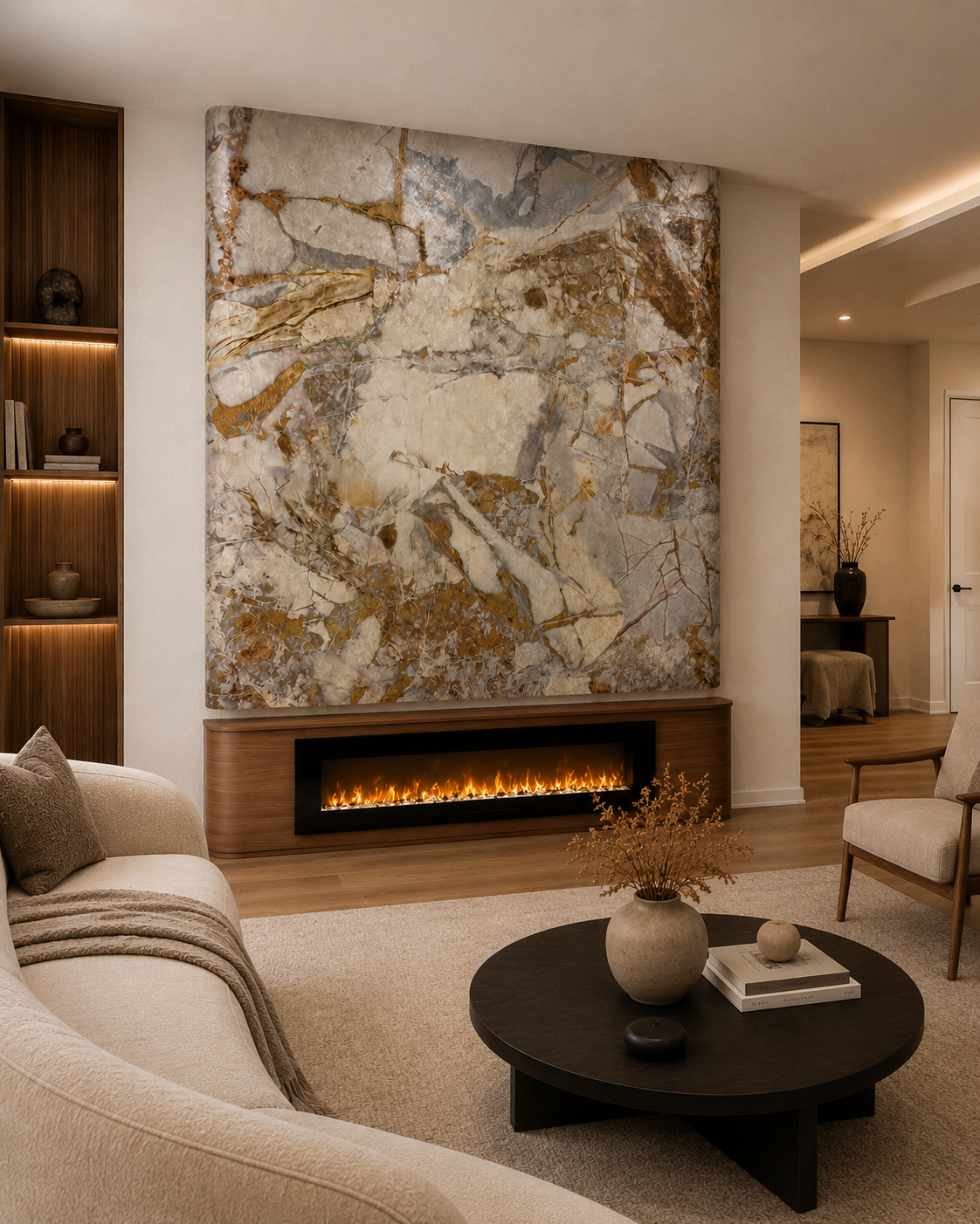 Left-angle view of the Dr. Phillips custom fireplace wall with textured stone-look wallcovering, rounded edges, a custom lower fireplace cabinet, and illuminated built-in shelving.