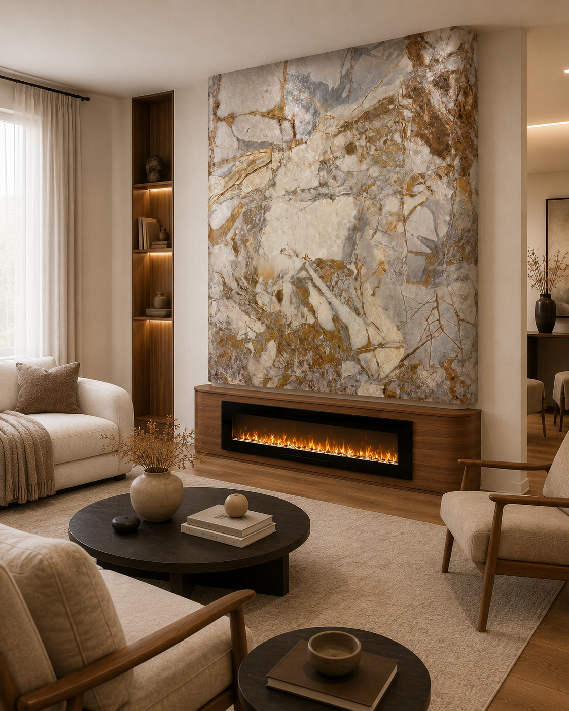 Right-angle view of the Dr. Phillips custom fireplace wall showing the floating upper feature, linear electric fireplace, custom painted lower cabinet, and warm-lit shelving.