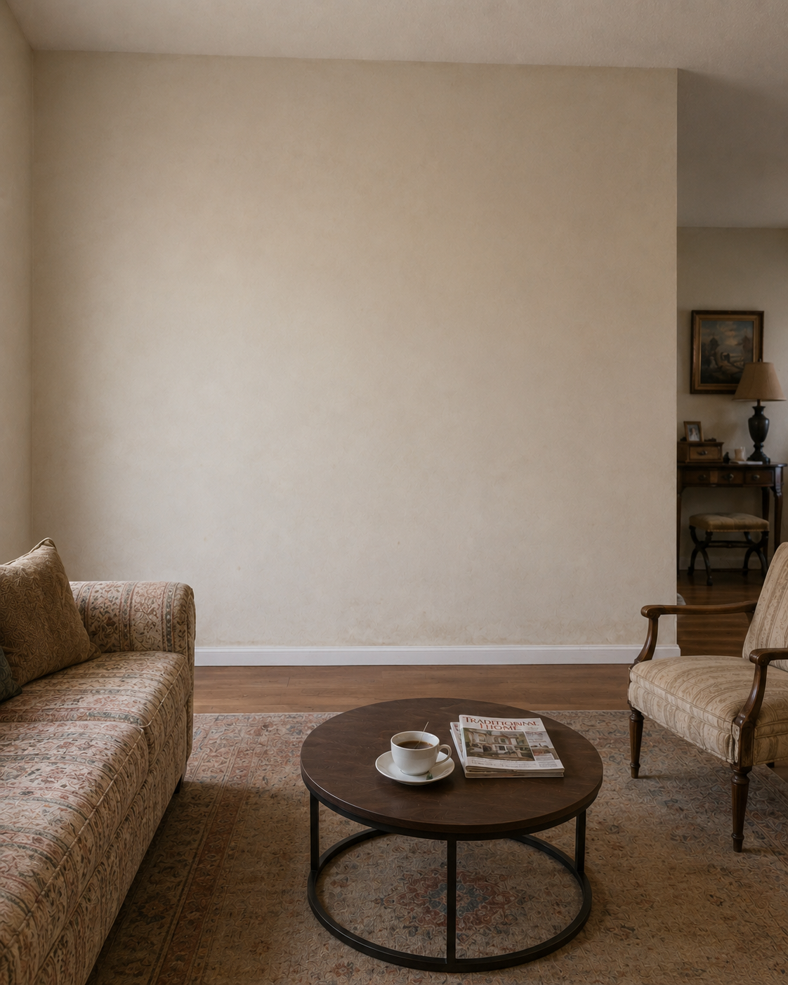 Before view of the Dr. Phillips, Orlando living room with a plain wall before the custom fireplace wall, built-in shelving, lighting, and linear electric fireplace were added.