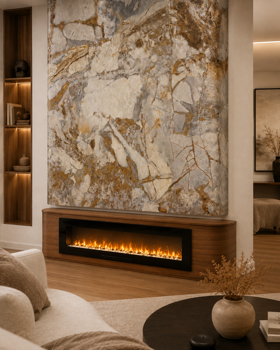 Detail view of the Dr. Phillips custom fireplace wall showing textured stone-look wallcovering, rounded architectural corners, the floating gap above the custom fireplace cabinet, and the linear electric fireplace.