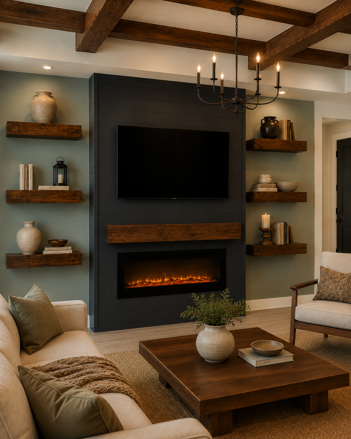 Left-angle view of the Kissimmee Custom Fireplace TV Wall with charcoal shiplap, mounted TV, electric fireplace, dark-stained wood mantel and floating shelves, stained ceiling beams, and a muted sage-green wall finish.