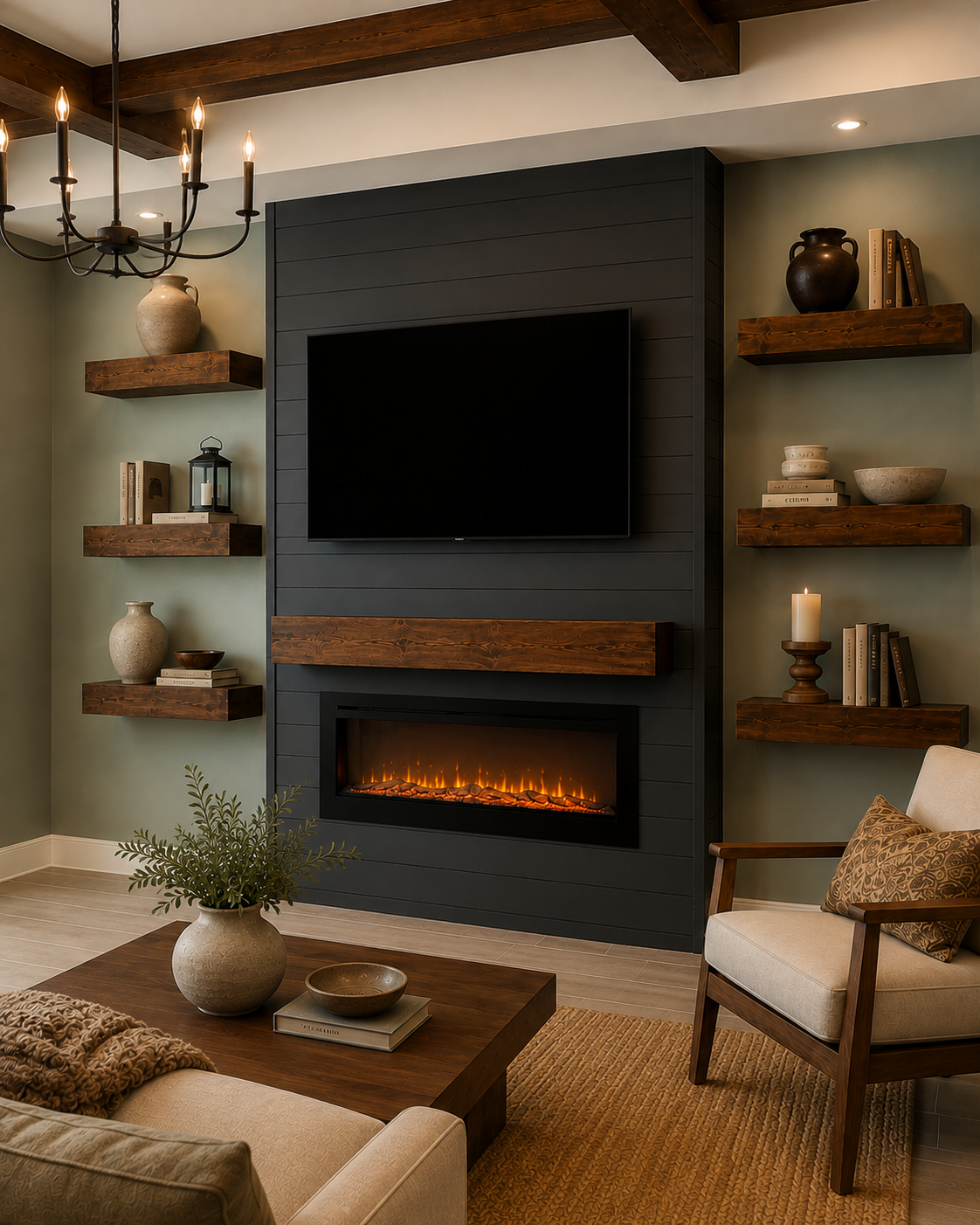 Right-angle view of the Kissimmee Custom Fireplace TV Wall with charcoal shiplap, mounted TV, linear electric fireplace, dark-stained wood shelves and mantel, stained ceiling beams, and recessed ceiling lighting.