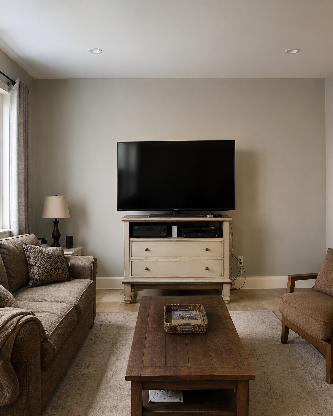 Before view of the Kissimmee living room with a plain wall, TV on a freestanding console, and no ceiling beams or Custom Fireplace TV Wall.