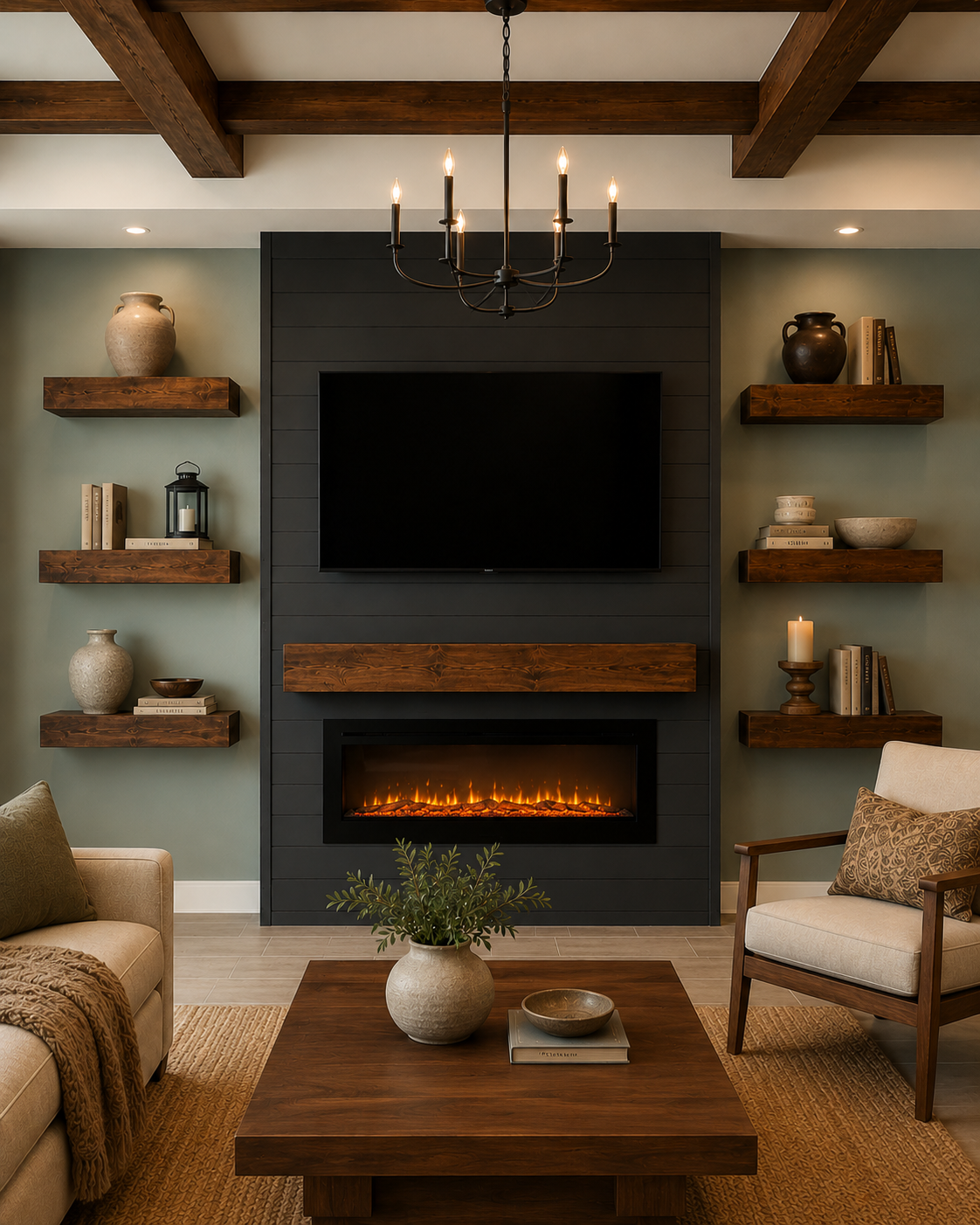 Custom Fireplace TV Wall in a Kissimmee living room with charcoal shiplap, a mounted TV, linear electric fireplace, dark-stained wood mantel, six floating shelves, stained ceiling beams, and recessed ceiling lighting.