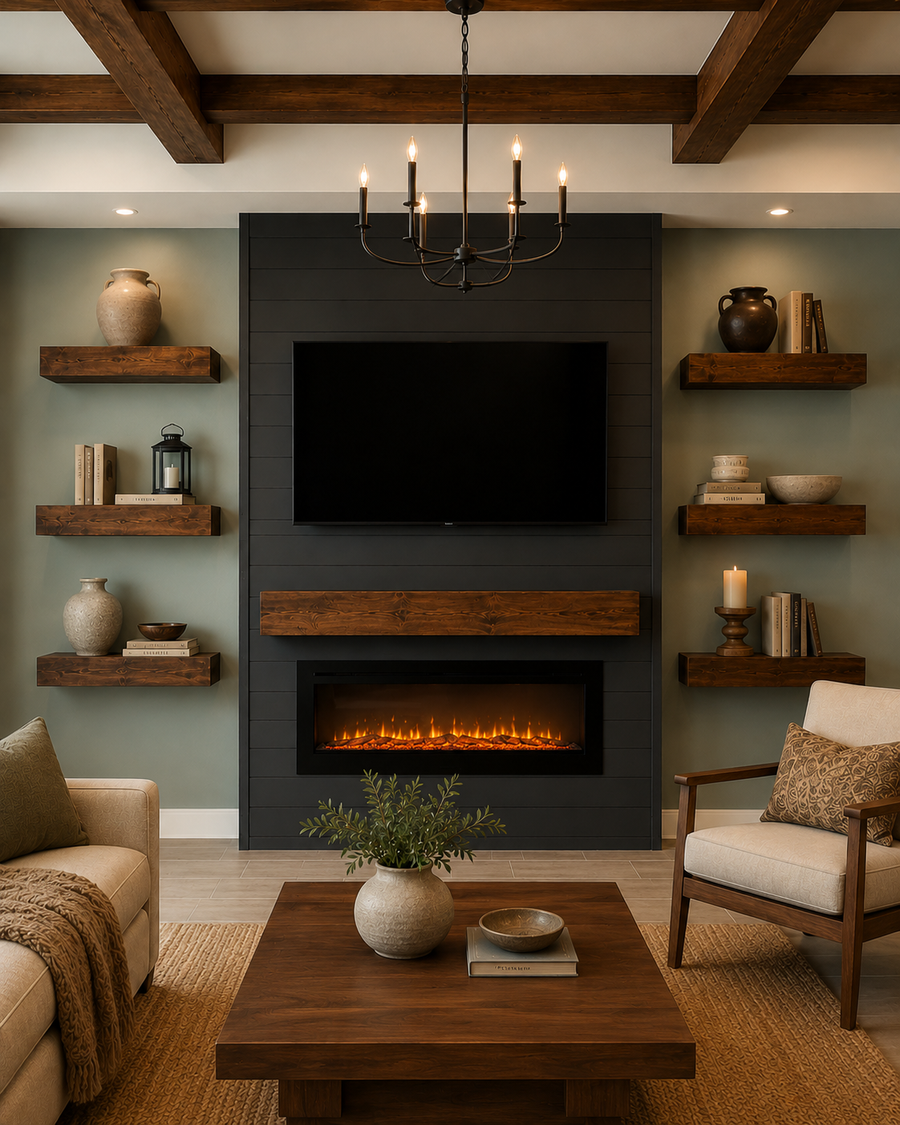 Custom Fireplace TV Wall in a Kissimmee living room with charcoal shiplap, a mounted TV, linear electric fireplace, dark-stained wood mantel, six floating shelves, stained ceiling beams, and recessed ceiling lighting.