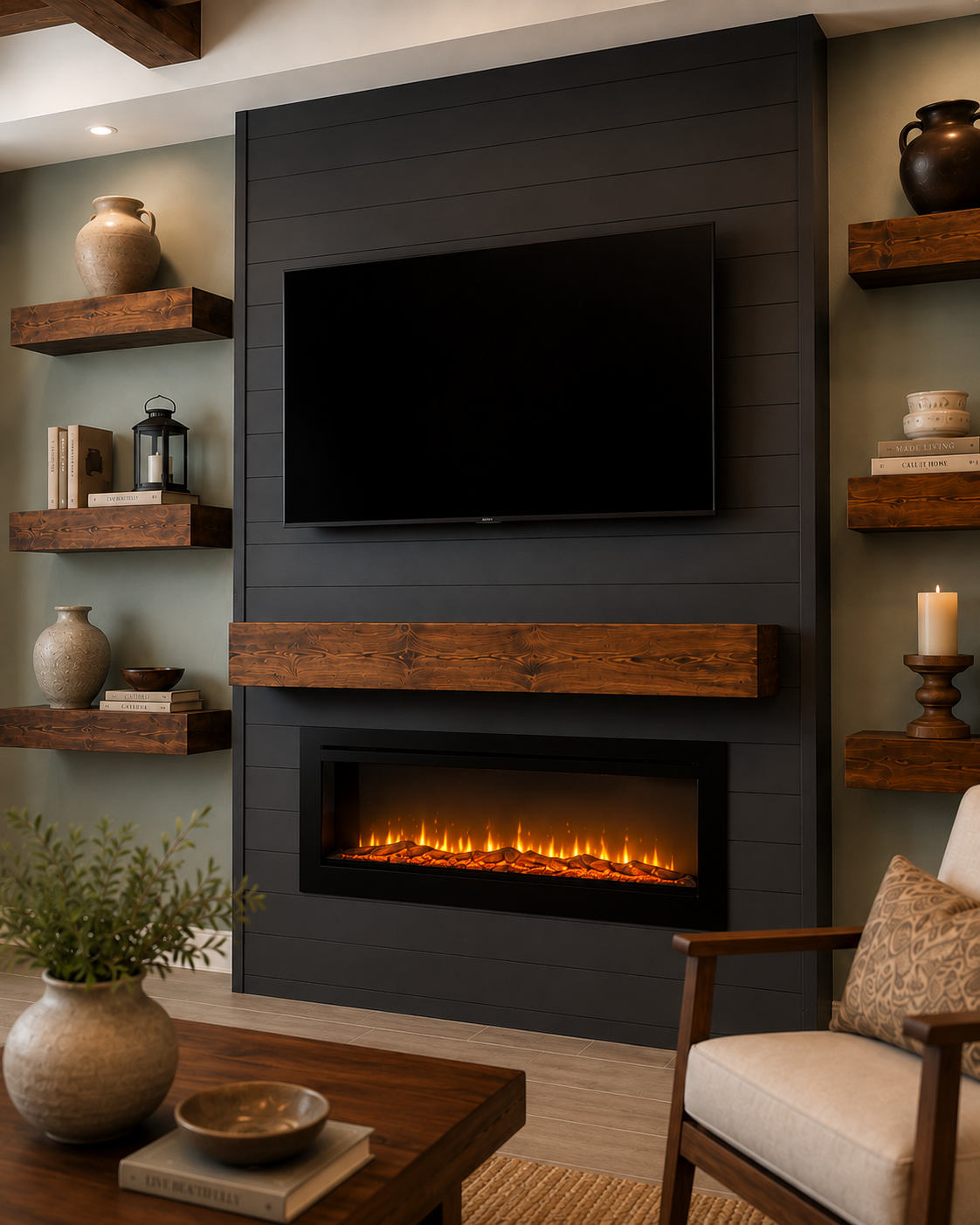 Detail view of the Kissimmee Custom Fireplace TV Wall showing charcoal shiplap, the mounted TV, dark-stained wood mantel, linear electric fireplace, and matching floating shelves.