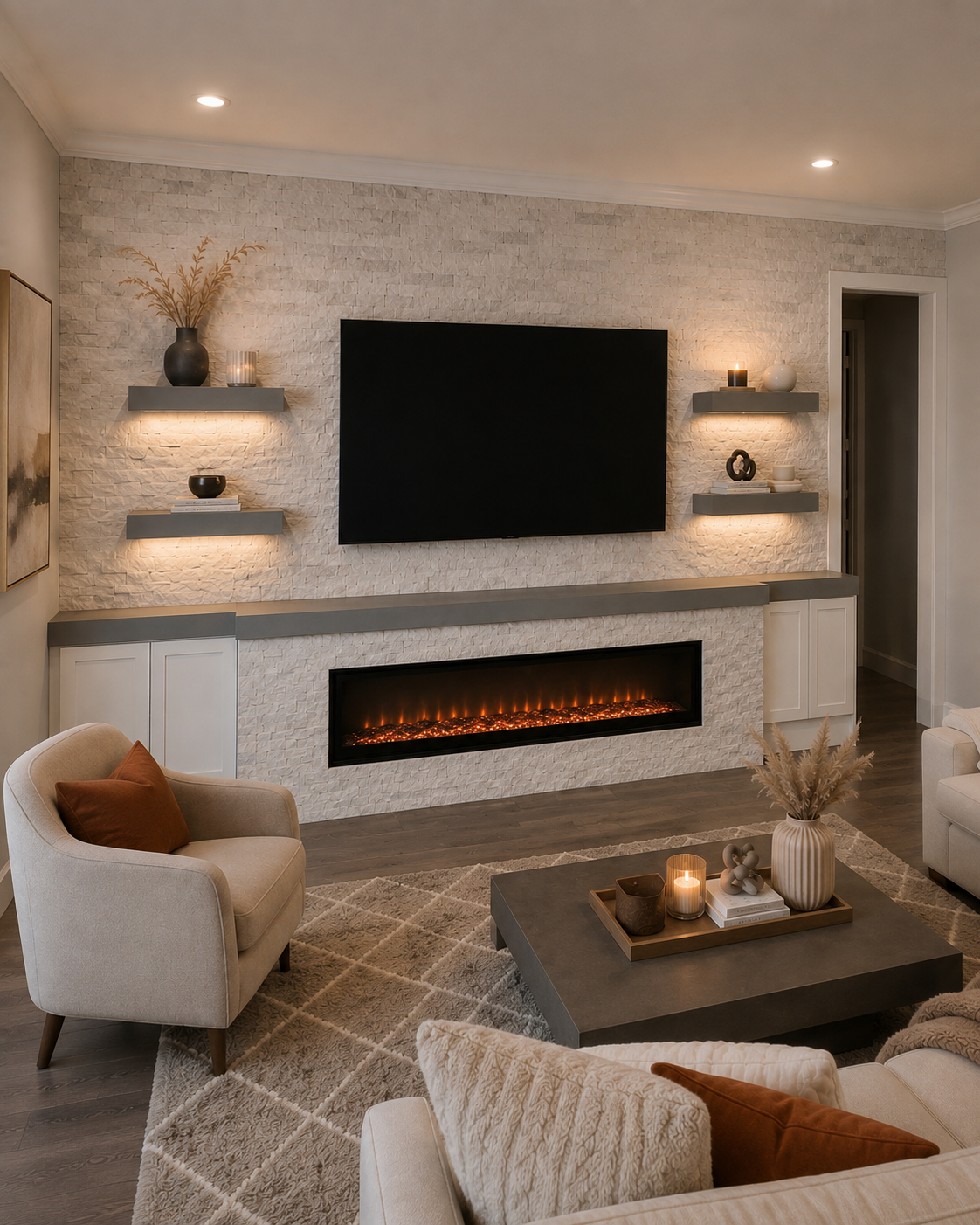 Left-angle view of the Altamonte Springs Custom Fireplace TV Wall with natural stone, warm-lit floating shelves, built-in storage, a long painted wood countertop, and linear electric fireplace.