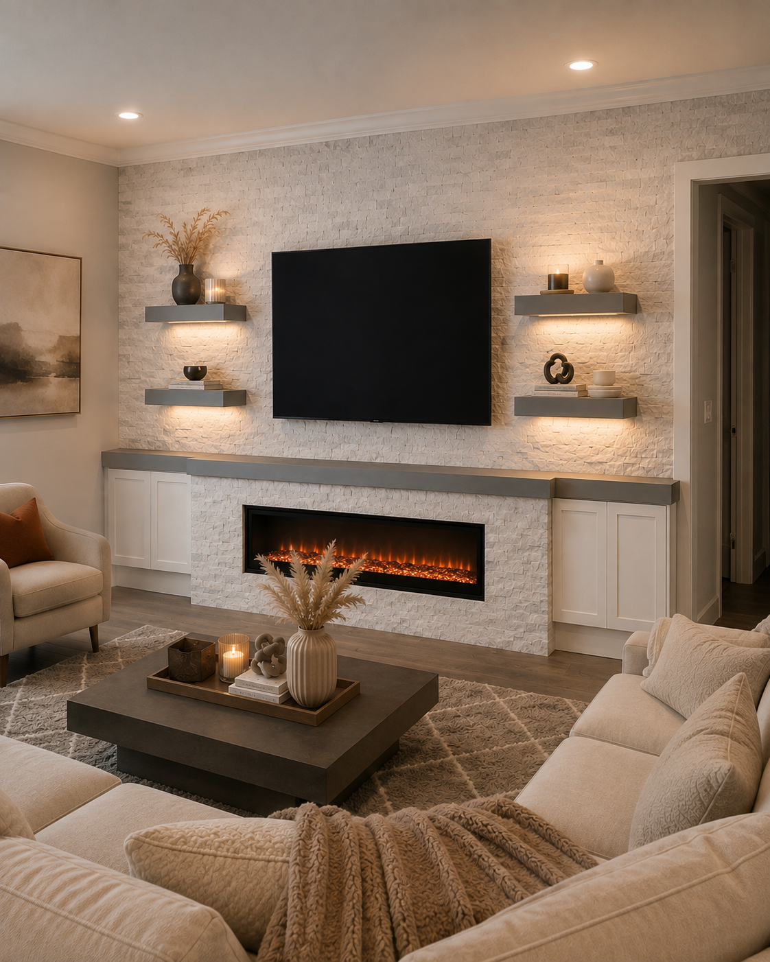 Right-angle view of the Altamonte Springs Custom Fireplace TV Wall showing the mounted TV, natural stone cladding, illuminated floating shelves, built-in cabinets, and linear electric fireplace.