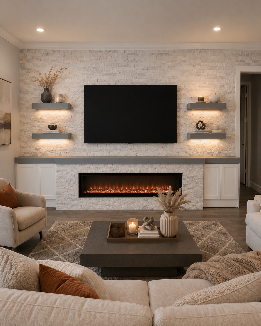 Custom Fireplace TV Wall in an Altamonte Springs living room with light natural stone, a mounted TV, linear electric fireplace, illuminated floating shelves, and symmetrical built-in storage.