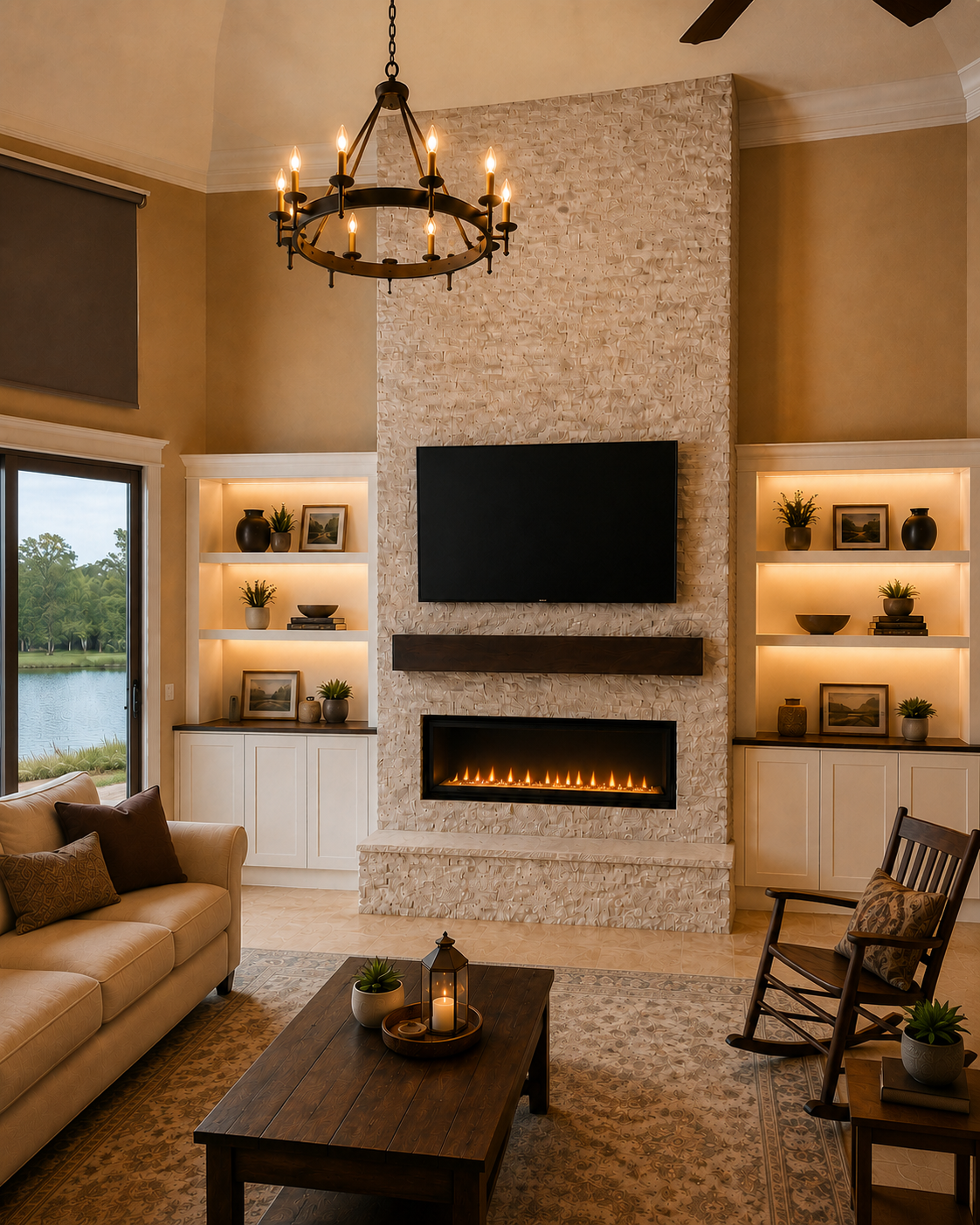 Left-side finished view of the Celebration Custom Fireplace TV Wall showing the tall natural-stone center, mounted TV, stained wood mantel, linear electric fireplace, raised hearth, illuminated side shelving, and custom cabinetry.