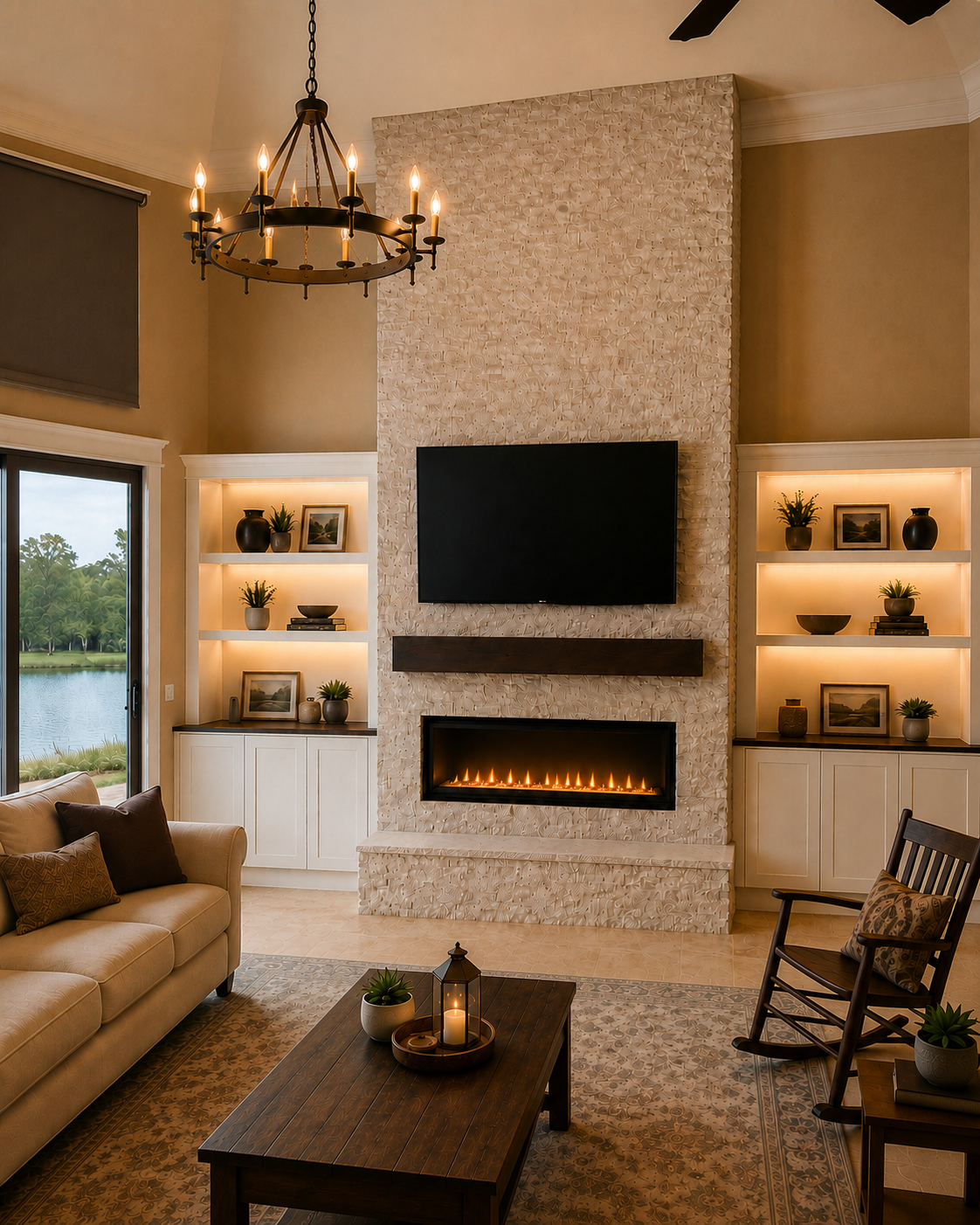 Right-side finished view of the Celebration Custom Fireplace TV Wall with a floor-to-ceiling natural-stone feature, mounted TV, dark stained wood mantel, linear electric fireplace, raised stone hearth, and symmetrical built-in storage.