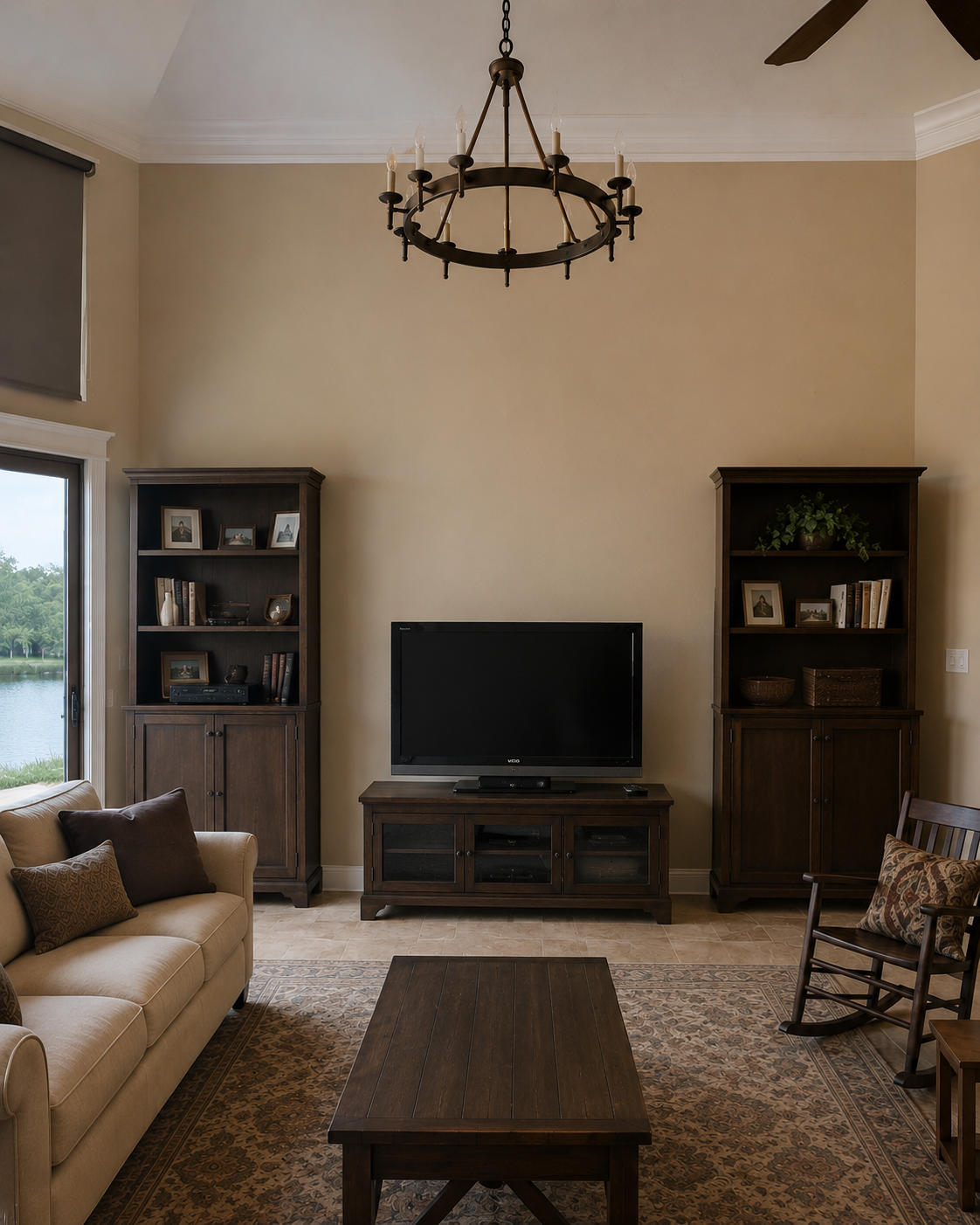 Before view of the Celebration living room with a TV on a low freestanding console, tall dark freestanding storage pieces on both sides, and a large unused wall beneath the very high ceiling.