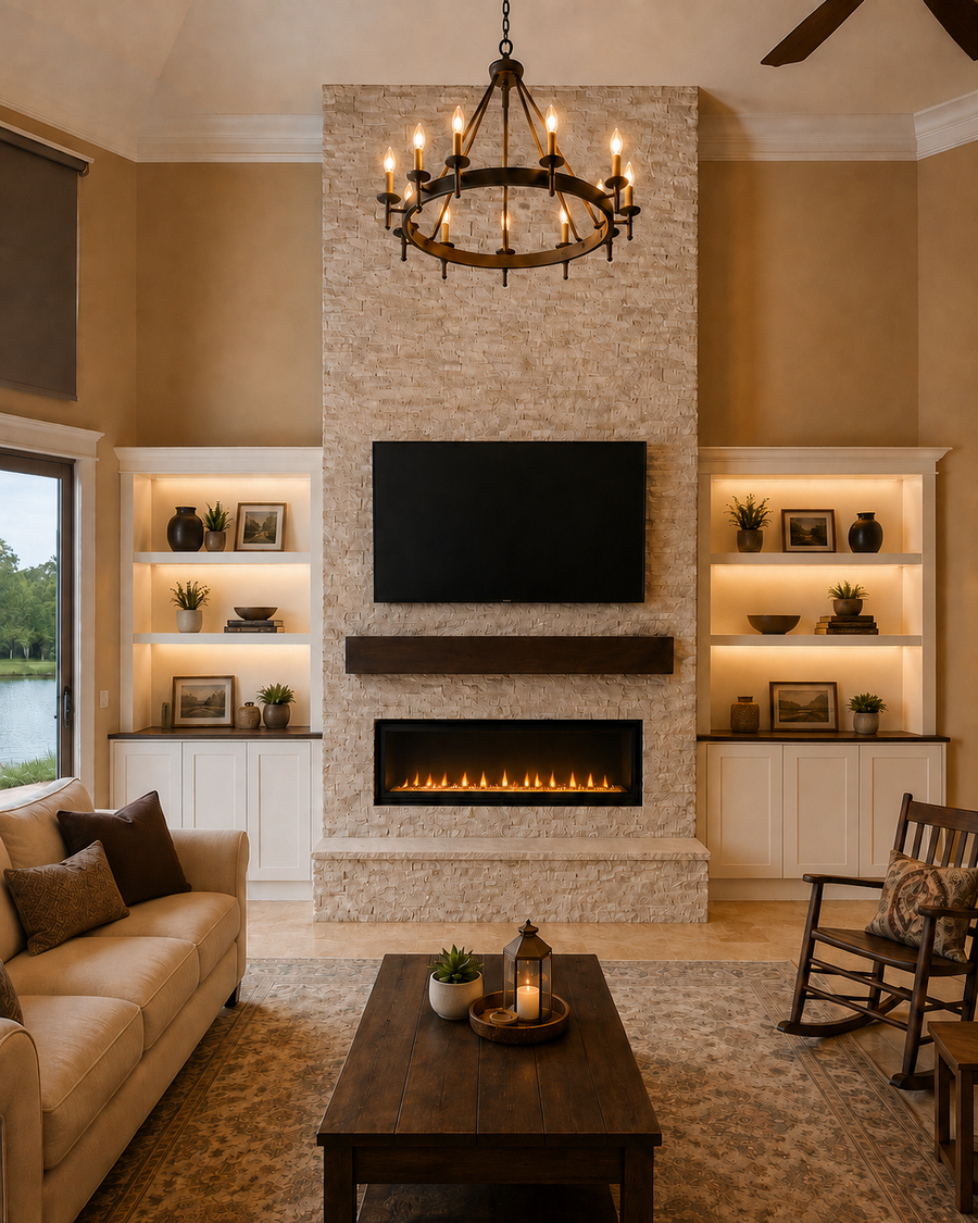 Completed Celebration Custom Fireplace TV Wall in a double-height living room with light beige natural-stone cladding, wall-mounted TV, stained wood mantel, linear electric fireplace, raised stone hearth, symmetrical illuminated built-ins, and six-door base cabinetry.