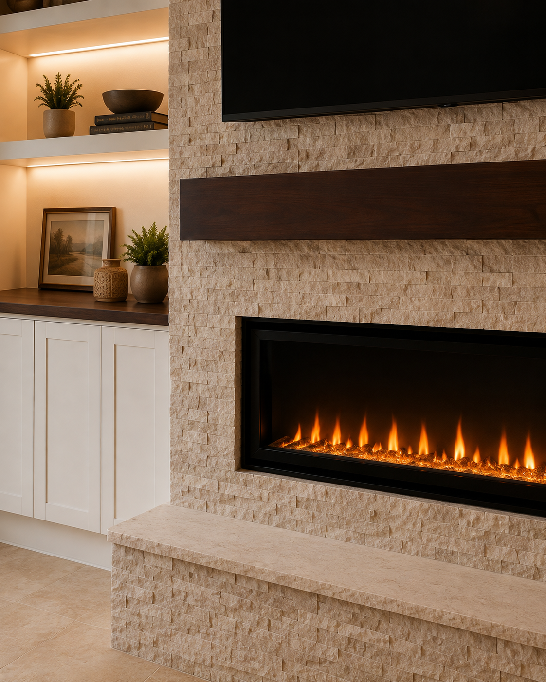 Detail view of the Celebration Custom Fireplace TV Wall showing textured light beige natural-stone cladding, dark stained wood mantel, linear electric fireplace, raised hearth with stone cap, illuminated display shelves, and custom painted cabinetry.