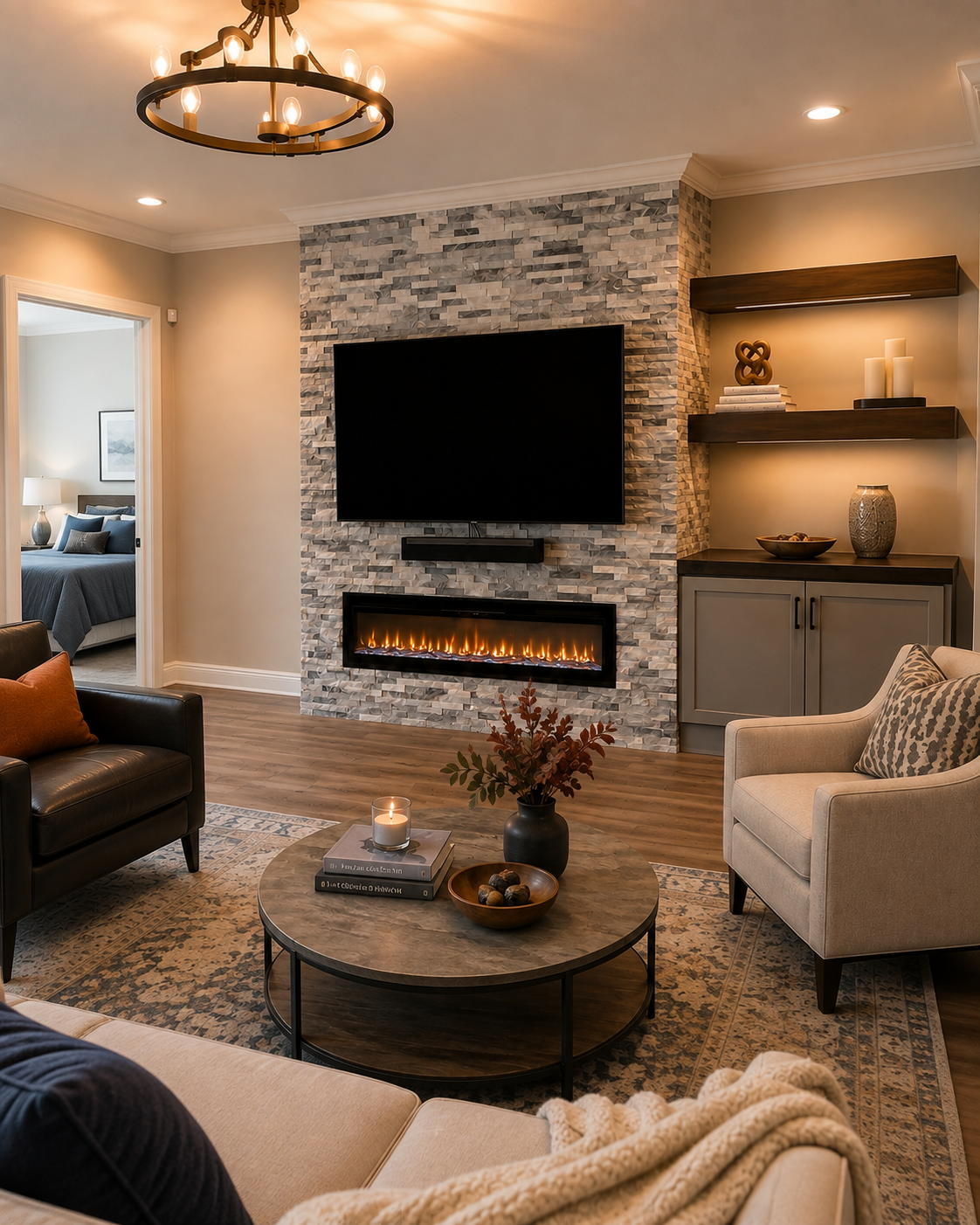 Left-angle view of the Fort Myers custom fireplace TV wall showing the natural gray-and-white stone surface, mounted TV, linear electric fireplace, and stained floating shelves with warm lighting.