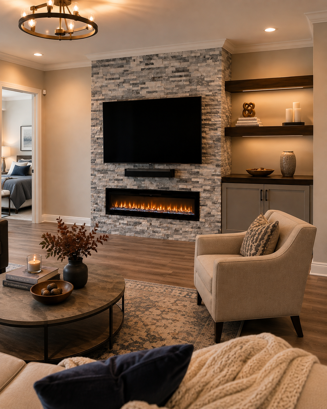 Right-angle view of the Fort Myers custom fireplace TV wall showing the natural stone fireplace structure, mounted TV, floating media shelf, and right-side built-in storage with stained floating shelves and lighting.
