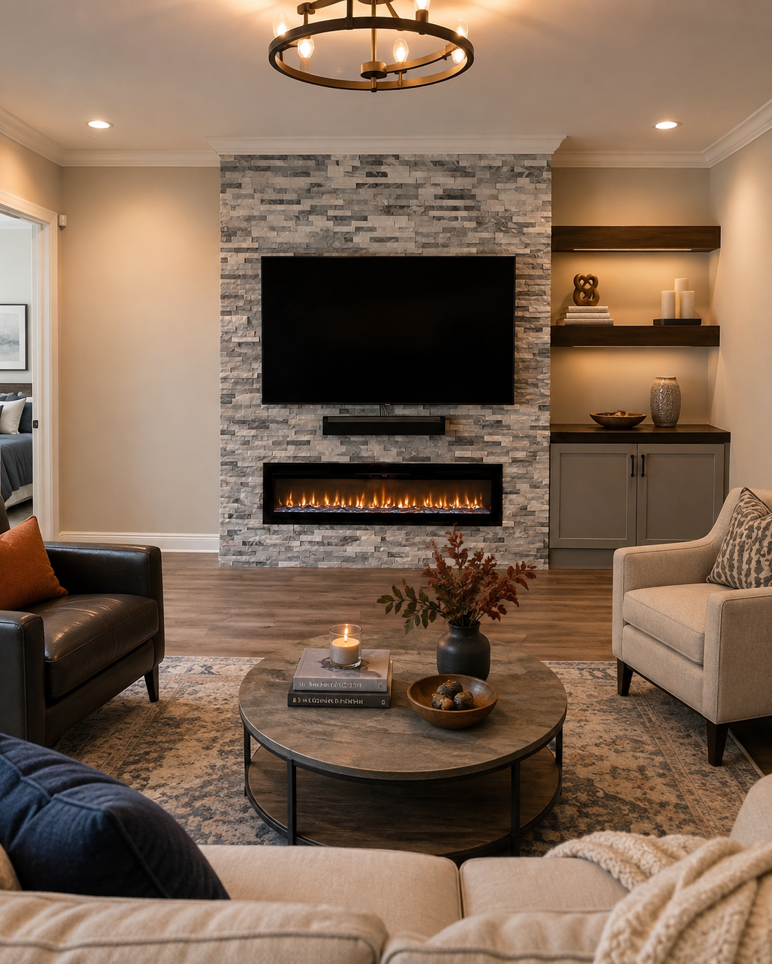 Custom fireplace TV wall in a Fort Myers living room with natural gray-and-white stone, a mounted TV, a linear electric fireplace, and stained floating shelves with warm integrated lighting.