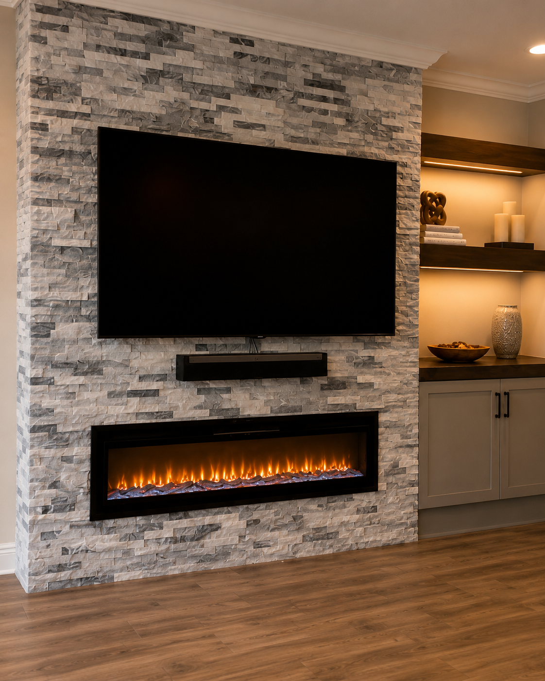 Detail view of the Fort Myers custom fireplace TV wall showing the natural gray-and-white stone surface, mounted TV, floating media shelf, linear electric fireplace, and adjacent stained cabinetry and shelving.