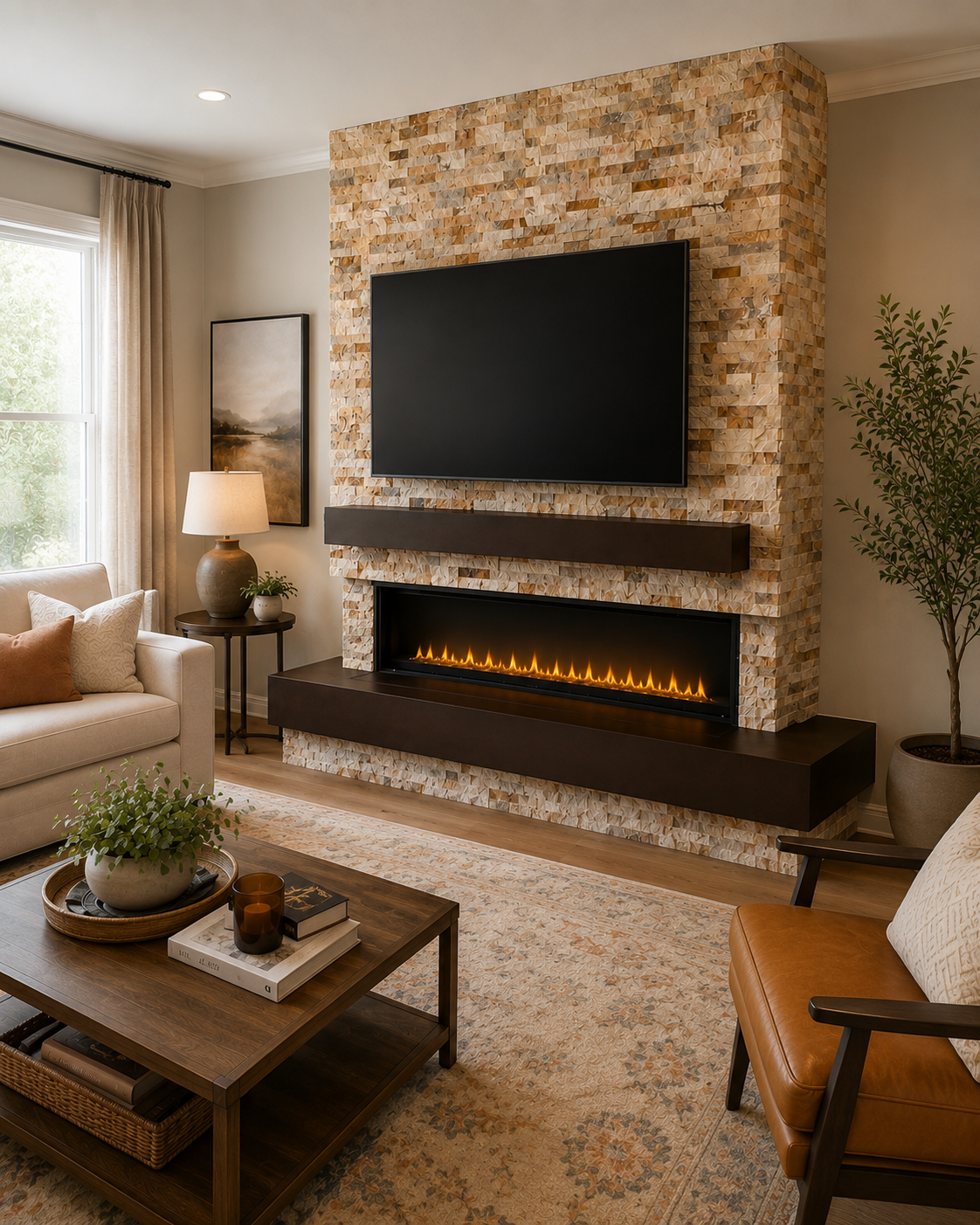 Left-angle view of the Jacksonville Custom Fireplace TV Wall showing warm-toned natural stone cladding on the front and side, a mounted TV, dark-stained wood mantel, lower podium, and linear electric fireplace.