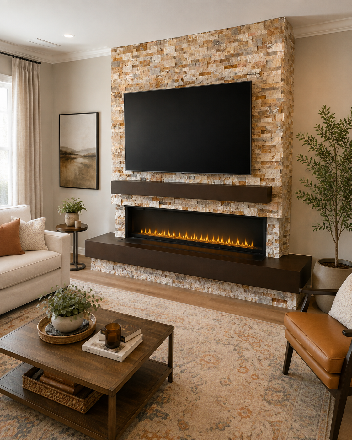 Right-angle view of the Jacksonville Custom Fireplace TV Wall with a floor-to-ceiling natural stone feature, mounted TV, dark-stained wood mantel, linear electric fireplace, and matching lower podium.