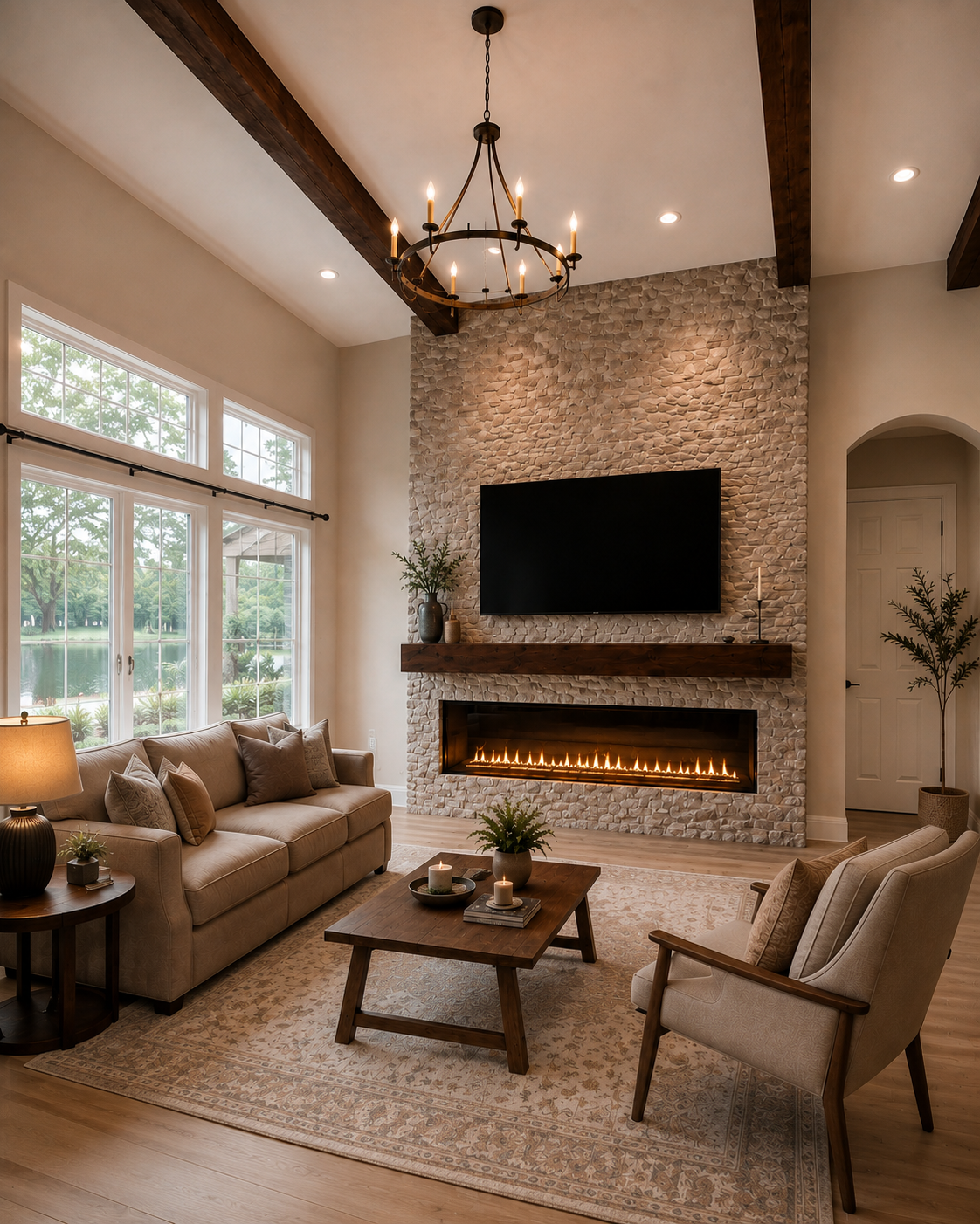 Left-angle view of the Lake Mary Custom Fireplace TV Wall showing light natural stone, mounted TV, linear electric fireplace, dark-stained mantel, and stained ceiling beams.