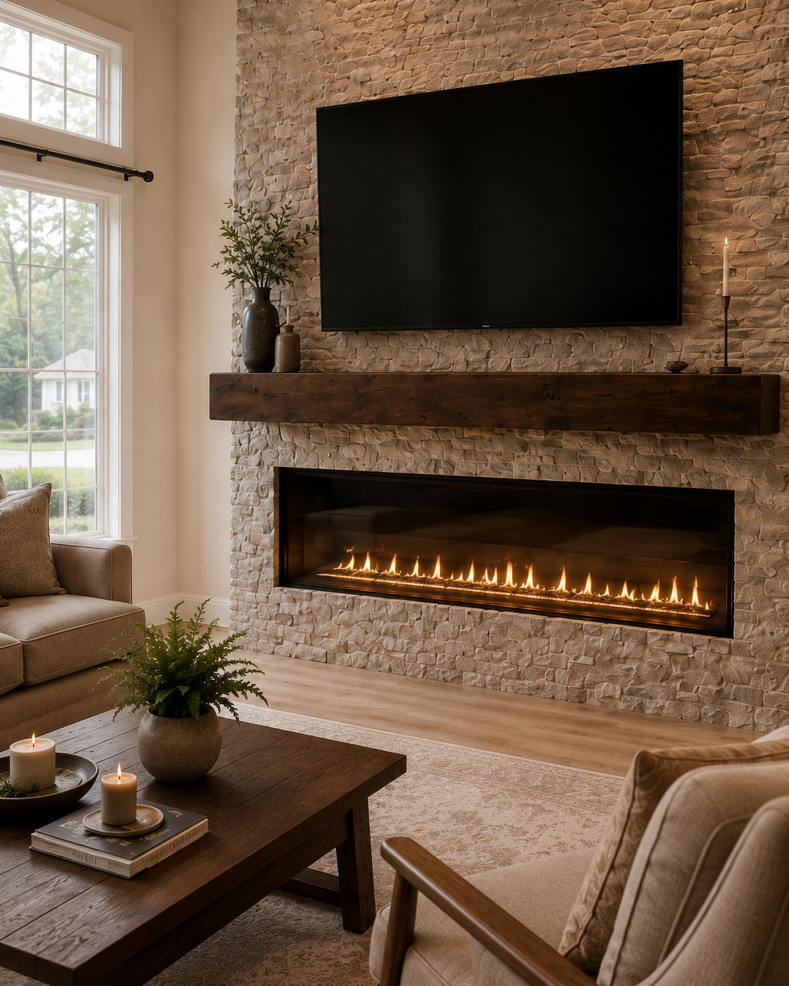 Right-angle view of the Lake Mary Custom Fireplace TV Wall with light natural stone cladding, mounted TV, linear electric fireplace, stained wood mantel, and matching ceiling beams.