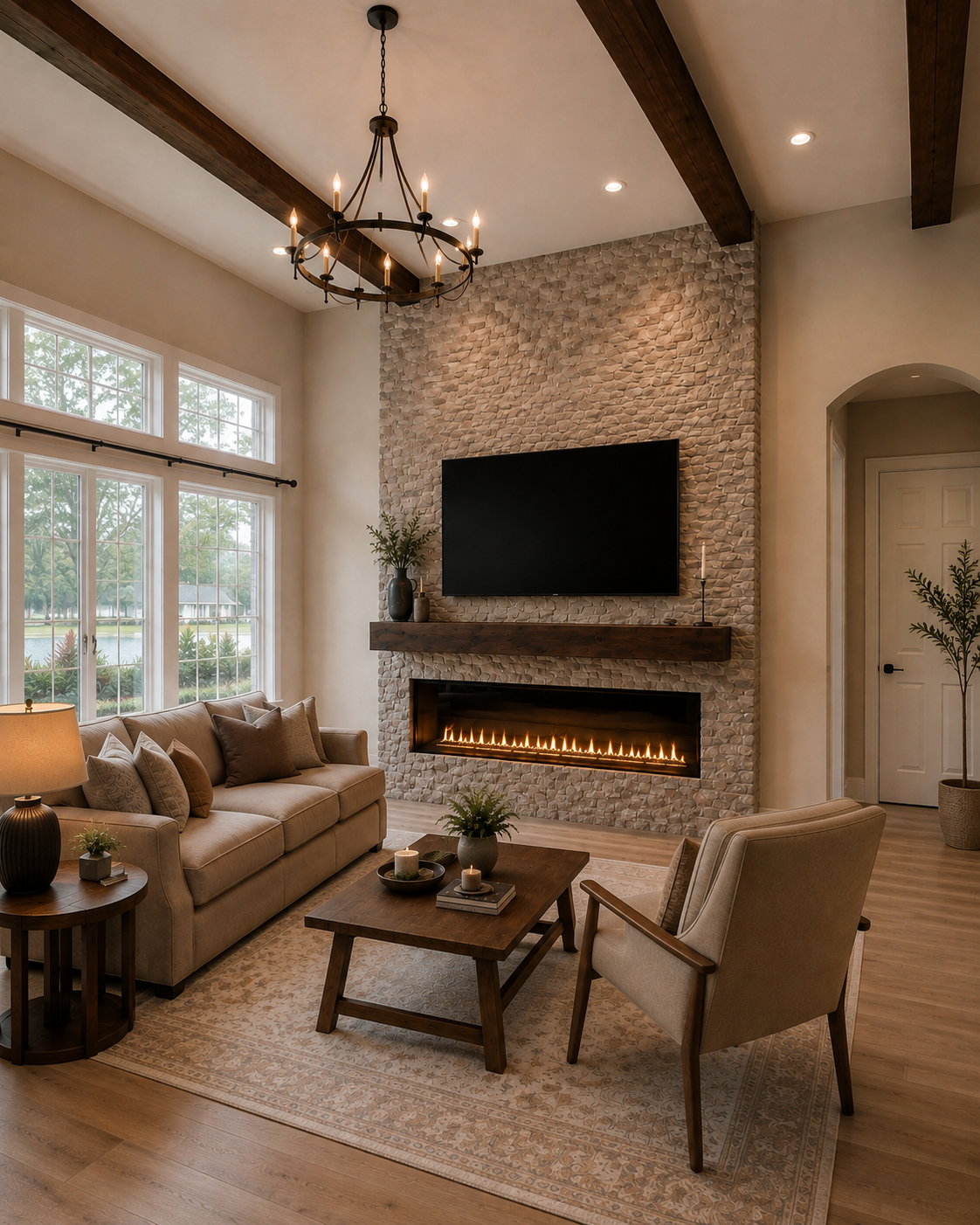 Detail view of the Lake Mary Custom Fireplace TV Wall showing the natural stone surface, mounted TV, thick dark-stained wood mantel, and linear electric fireplace.