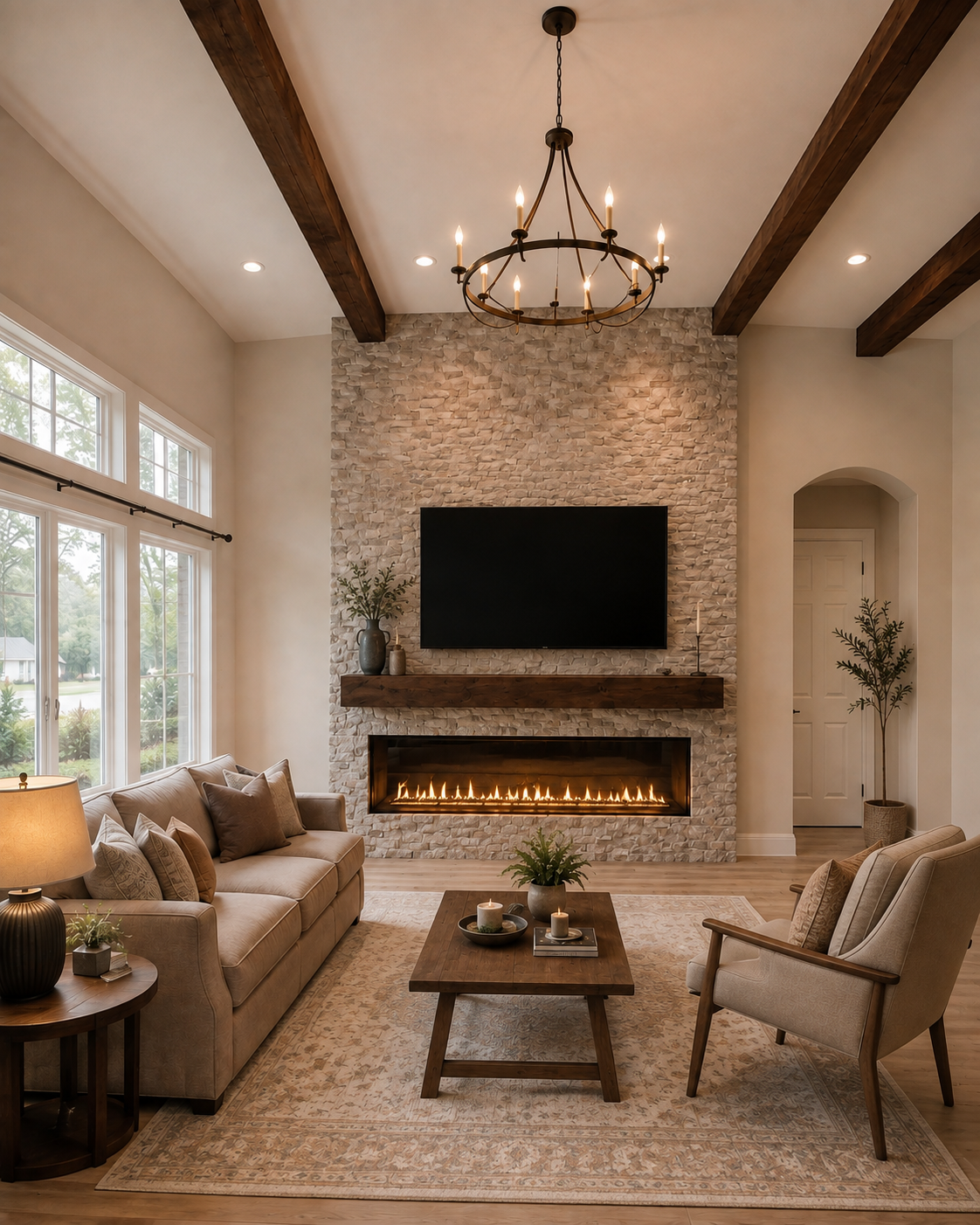 Custom Fireplace TV Wall in a Lake Mary living room with full-height light natural stone, a mounted TV, linear electric fireplace, dark-stained wood mantel, and matching stained ceiling beams.