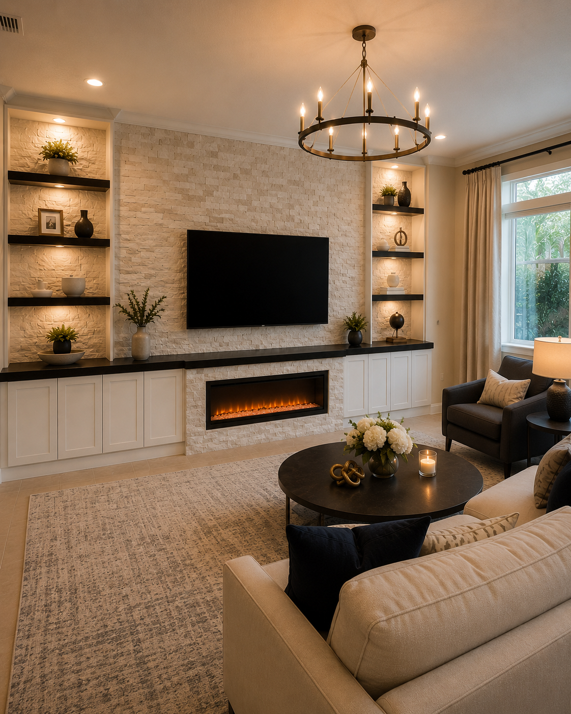 Left-angle view of the Lake Nona Custom Fireplace TV Wall with natural stone, mounted TV, open built-in shelving bays, dark-stained wood shelves, lower cabinets, and warm integrated lighting.