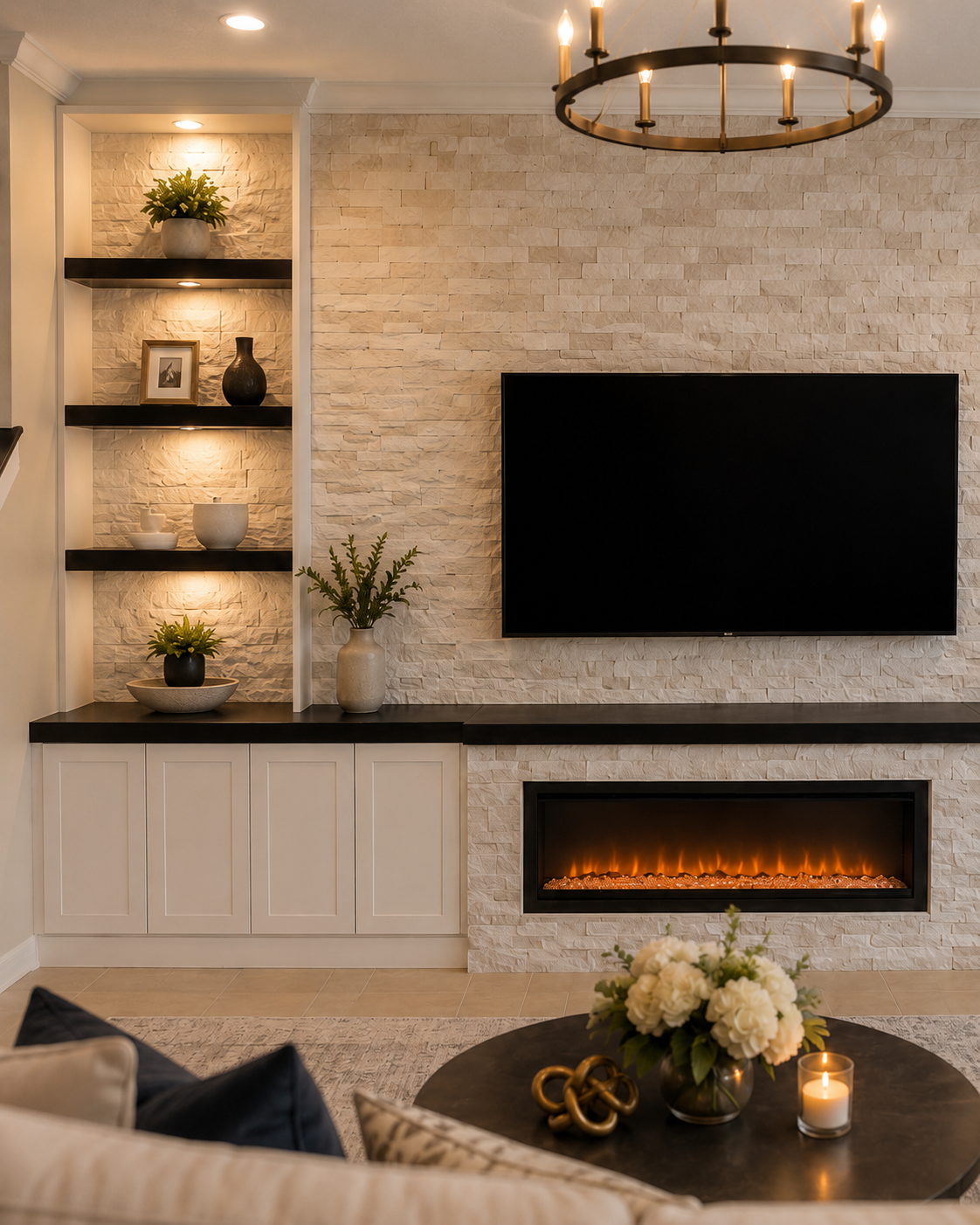 Detail view of the Lake Nona Custom Fireplace TV Wall showing light natural stone, mounted TV, linear electric fireplace, dark-stained wood countertop, and illuminated open built-in shelving.