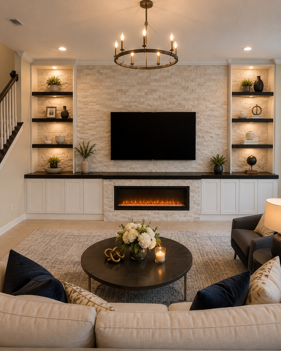 Lake Nona Custom Fireplace TV Wall with light natural stone, mounted TV, linear electric fireplace, symmetrical open built-in shelving towers, white lower cabinets, and very dark stained wood shelving and countertop.