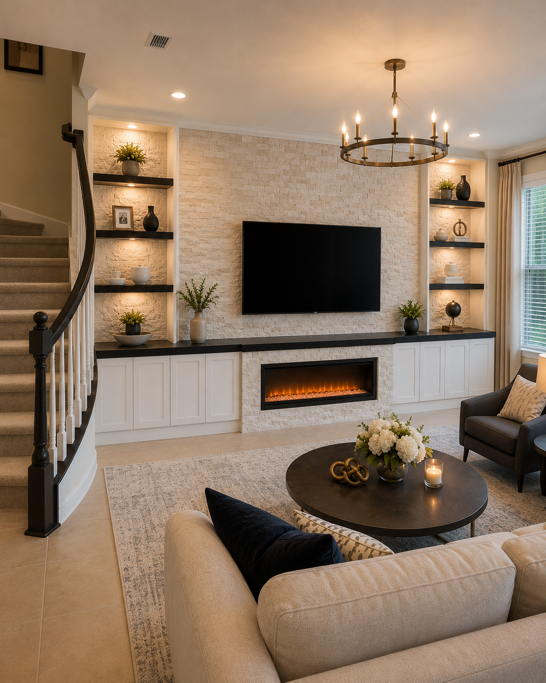 Right-angle view of the Lake Nona Custom Fireplace TV Wall showing symmetrical stone-backed built-in shelving, dark-stained wood shelves and countertop, lower cabinetry, mounted TV, and electric fireplace.