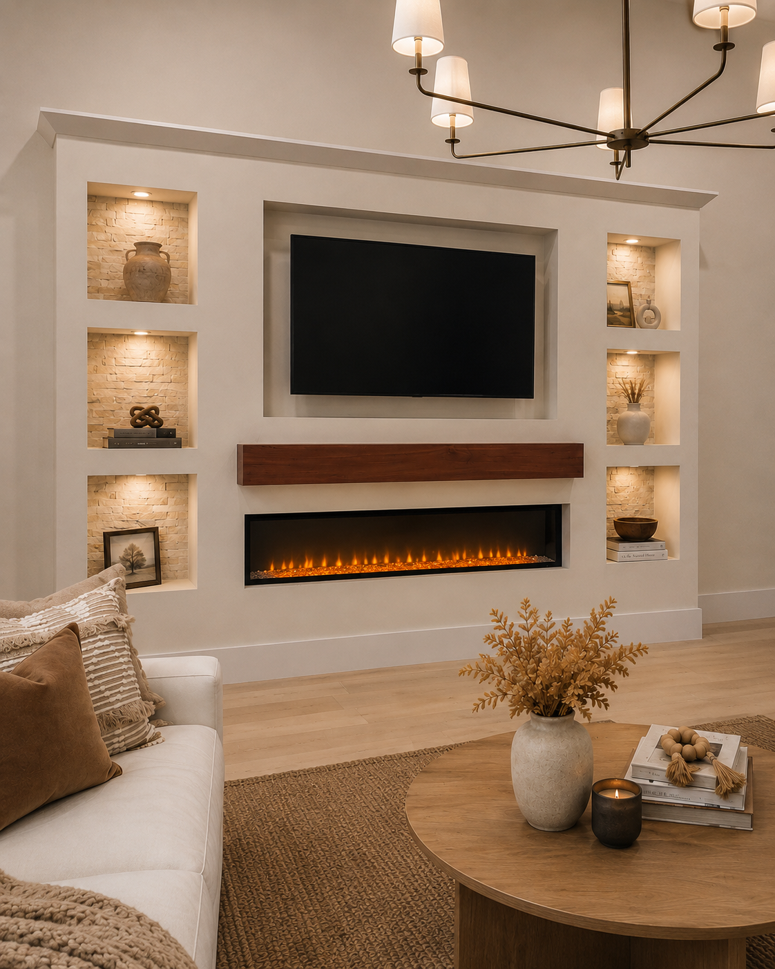 Left-angle view of the Longwood Custom Fireplace TV Wall with recessed TV niche, six illuminated stone-backed niches, stained wood mantel, and electric fireplace.