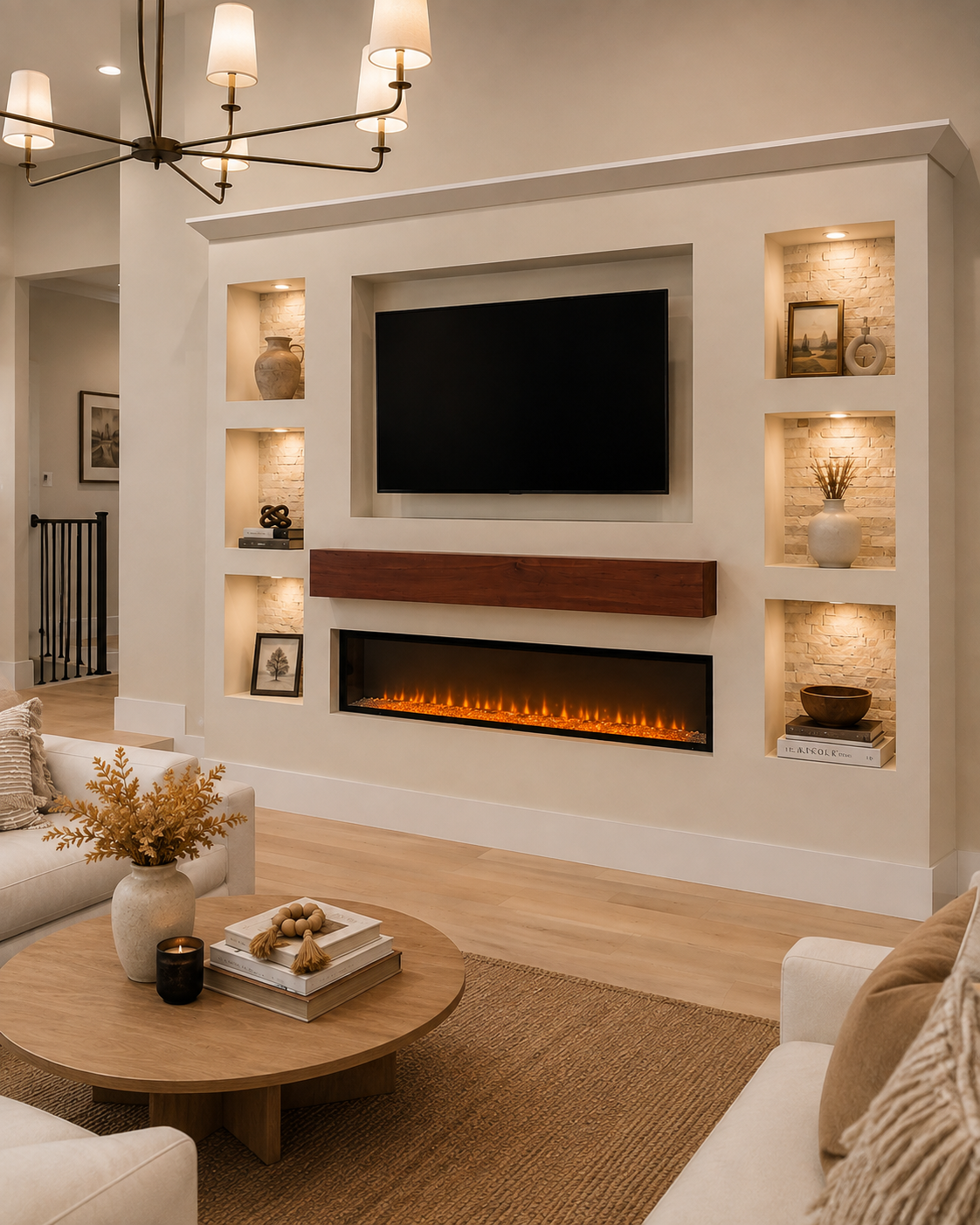 Right-angle view of the Longwood Custom Fireplace TV Wall showing the symmetrical illuminated niches, recessed TV, stained wood mantel, and linear electric fireplace.