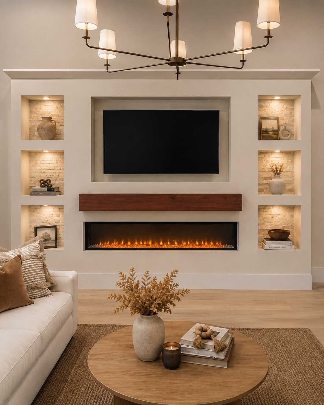 Longwood Custom Fireplace TV Wall with recessed TV niche, six illuminated natural-stone-backed display niches, stained wood mantel, and linear electric fireplace.