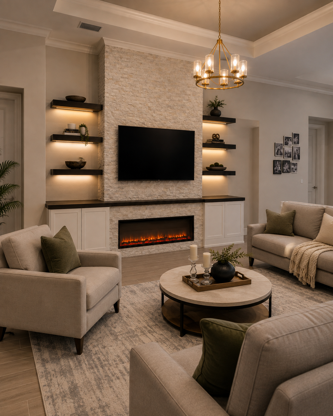 Left-angle view of the completed Maitland Custom Fireplace TV Wall with natural stone cladding, wall-mounted TV, linear electric fireplace, illuminated floating shelves, custom cabinets, and wood countertop.