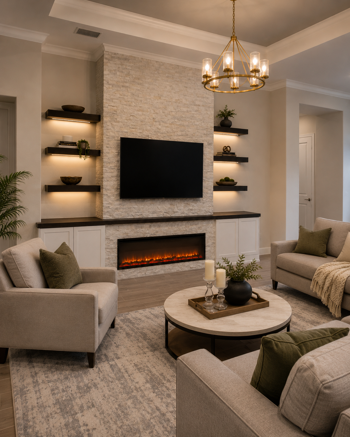 Right-angle view of the completed Maitland Custom Fireplace TV Wall with floor-to-ceiling natural stone cladding, wall-mounted TV, linear electric fireplace, illuminated floating shelves, and custom base cabinets.