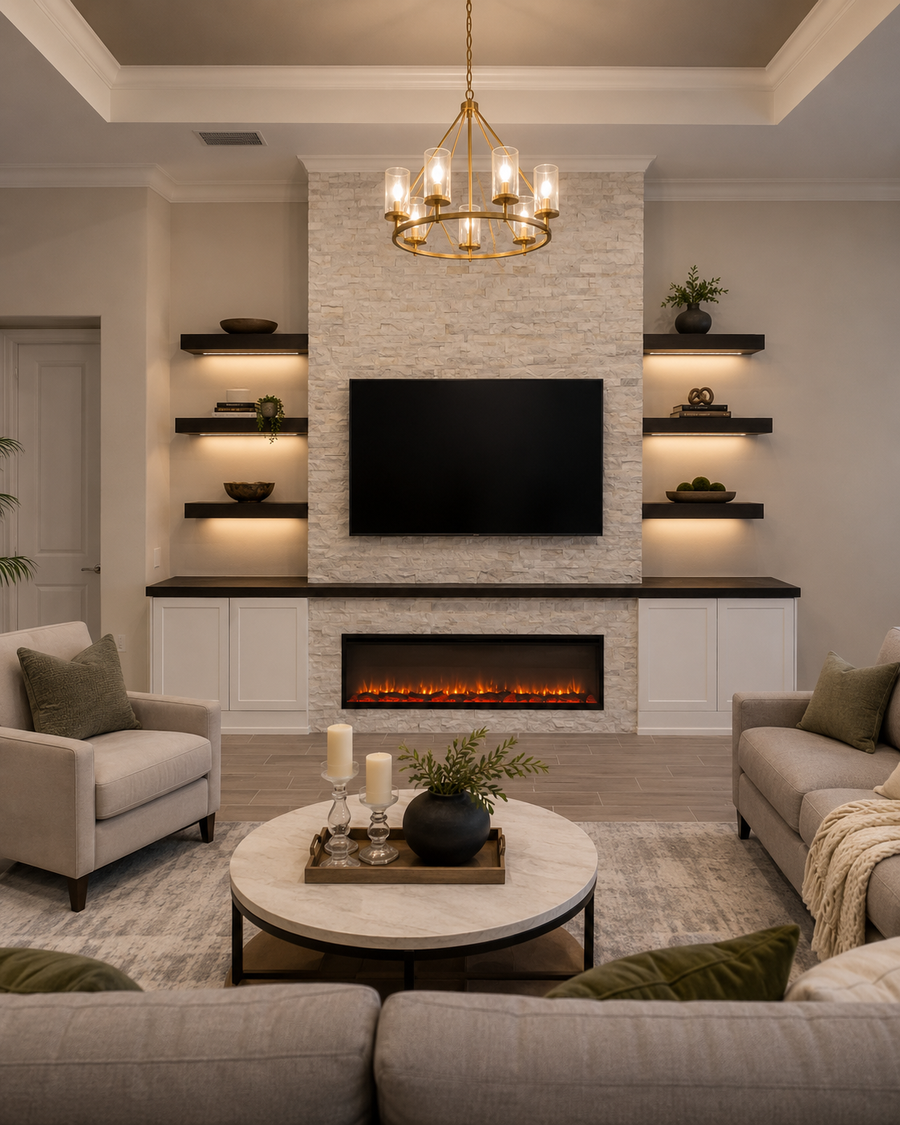 Completed Maitland Custom Fireplace TV Wall with floor-to-ceiling natural stone cladding, wall-mounted TV, linear electric fireplace, illuminated floating shelves, custom base cabinets, and a coordinated wood countertop.