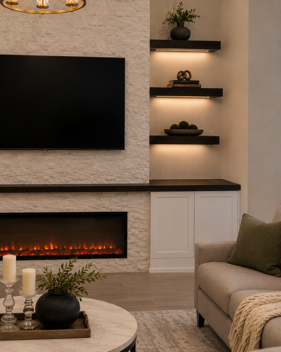 Detail of the Maitland Custom Fireplace TV Wall showing natural stone cladding, linear electric fireplace, custom wood countertop, ILVA-painted base cabinet, and three floating shelves with integrated linear lighting.